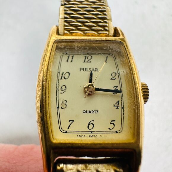 VTG Pulsar Watch Womens 17mm Gold Tone Quartz 1N01-5E00 New Battery Stretchy - Picture 5 of 12